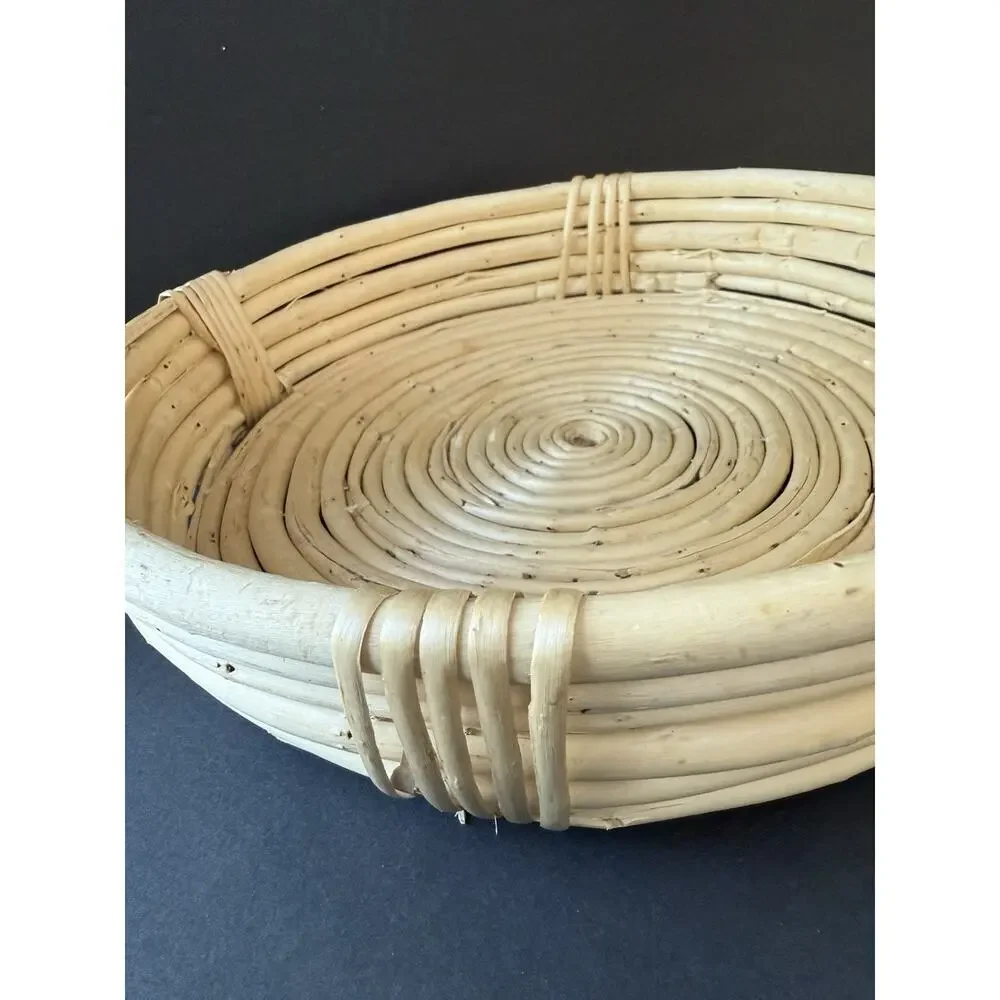 Coiled Bamboo Bowl Handmade Bent Cane Boho Rattan Basket Fruit Beachy Coastal